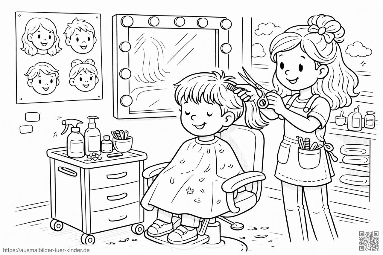 Kind erhält Haarschnitt im Salon - Ausmalbild Kind erhält Haarschnitt im Salon - Ausmalbild