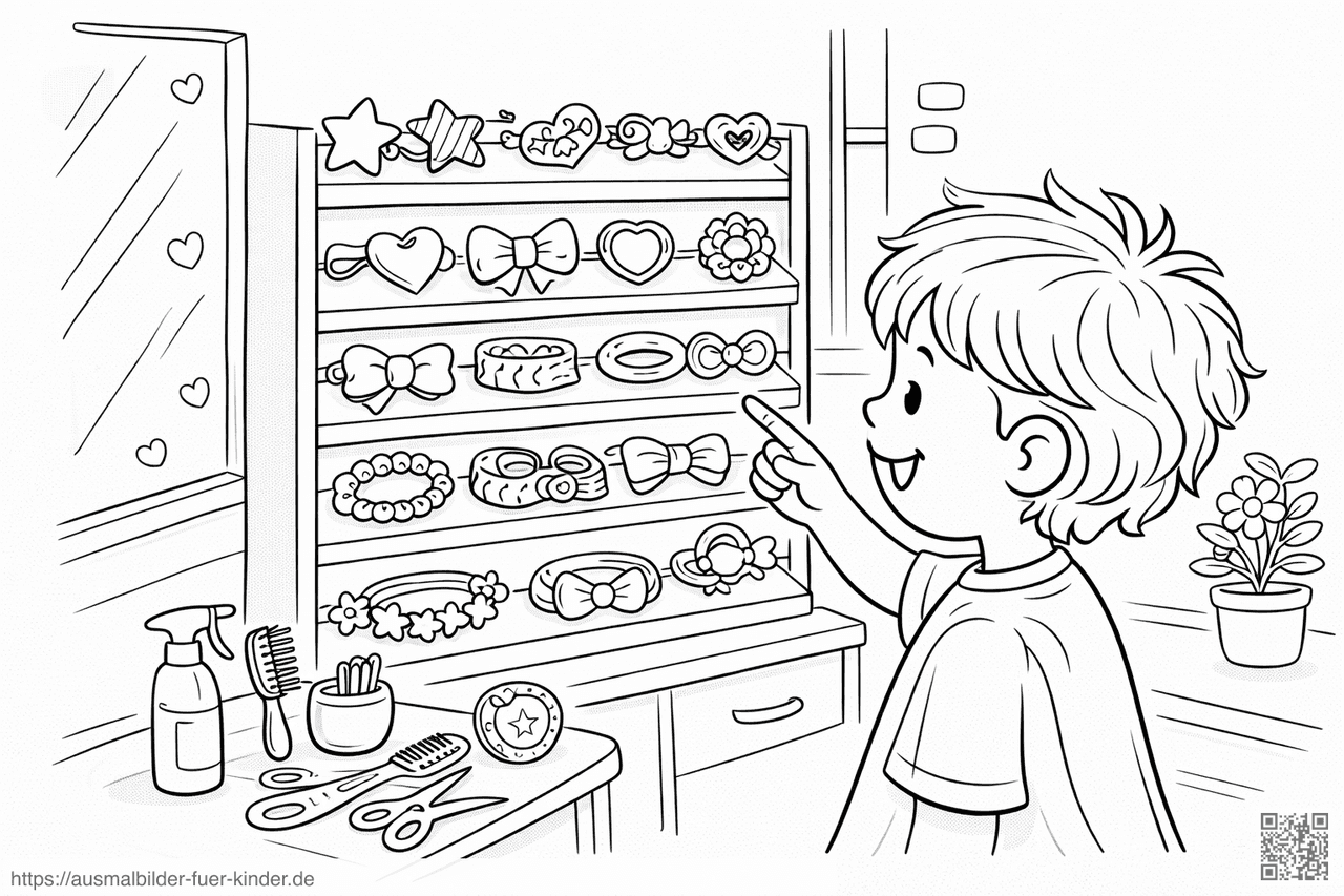 Kind zeigt auf Stern-Haarclip im Friseursalon - Ausmalbild