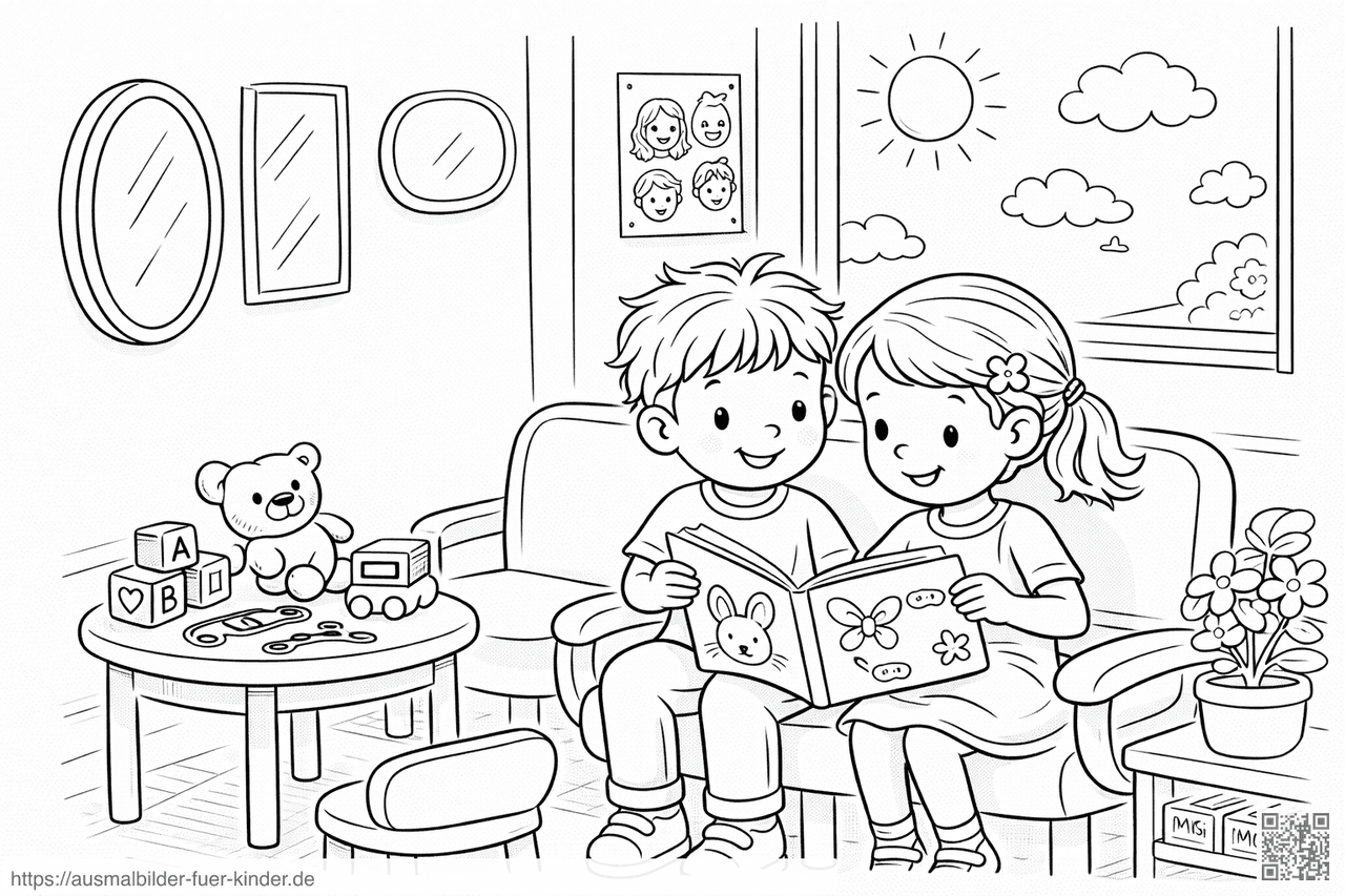 Warten beim Friseur mit Bilderbuch - Ausmalbild Warten beim Friseur mit Bilderbuch - Ausmalbild