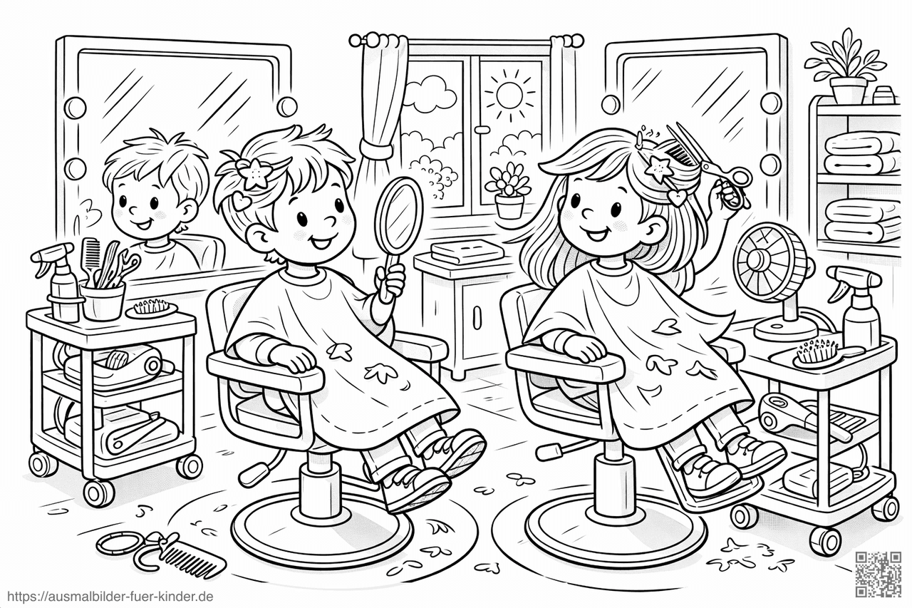 Zwillingsfrisuren im Coiffeur-Stuhl - Ausmalbild Zwillingsfrisuren im Coiffeur-Stuhl - Ausmalbild