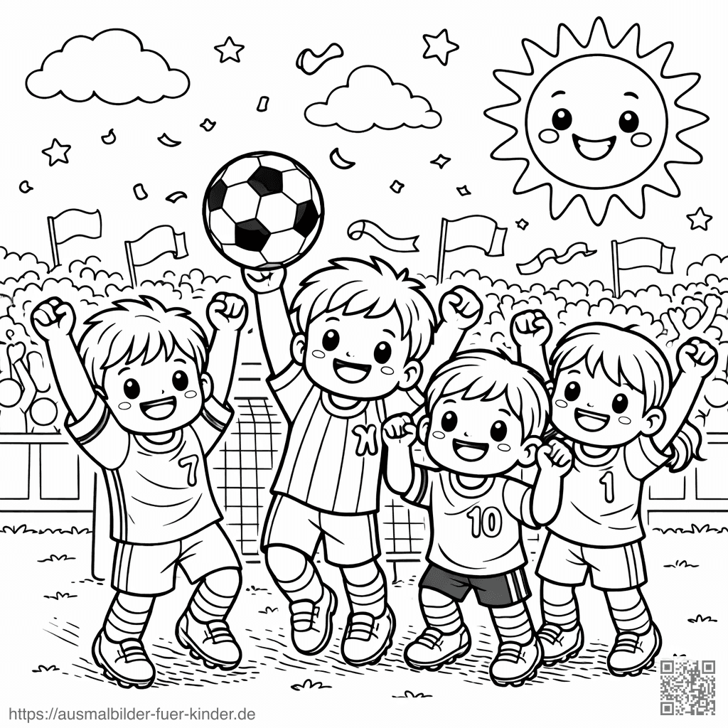 Feiernde Kinder auf dem Fußballfeld - Ausmalbild