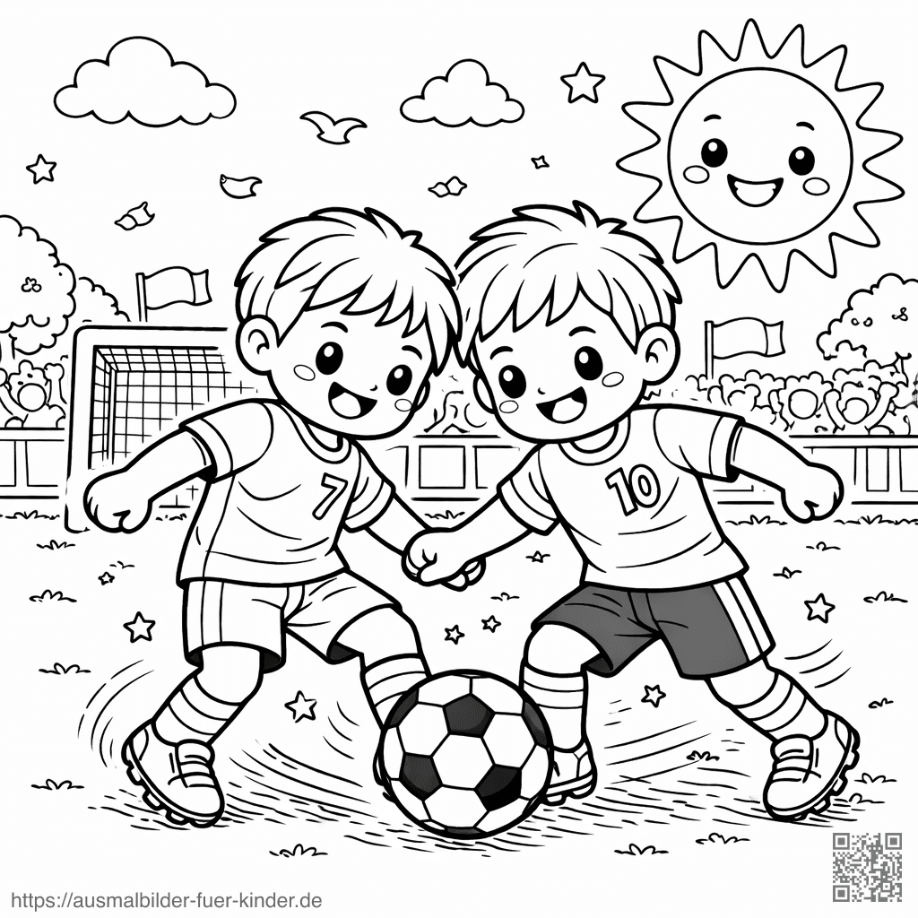Freundschaftliches Fußballspiel im Sonnenschein - Ausmalbild