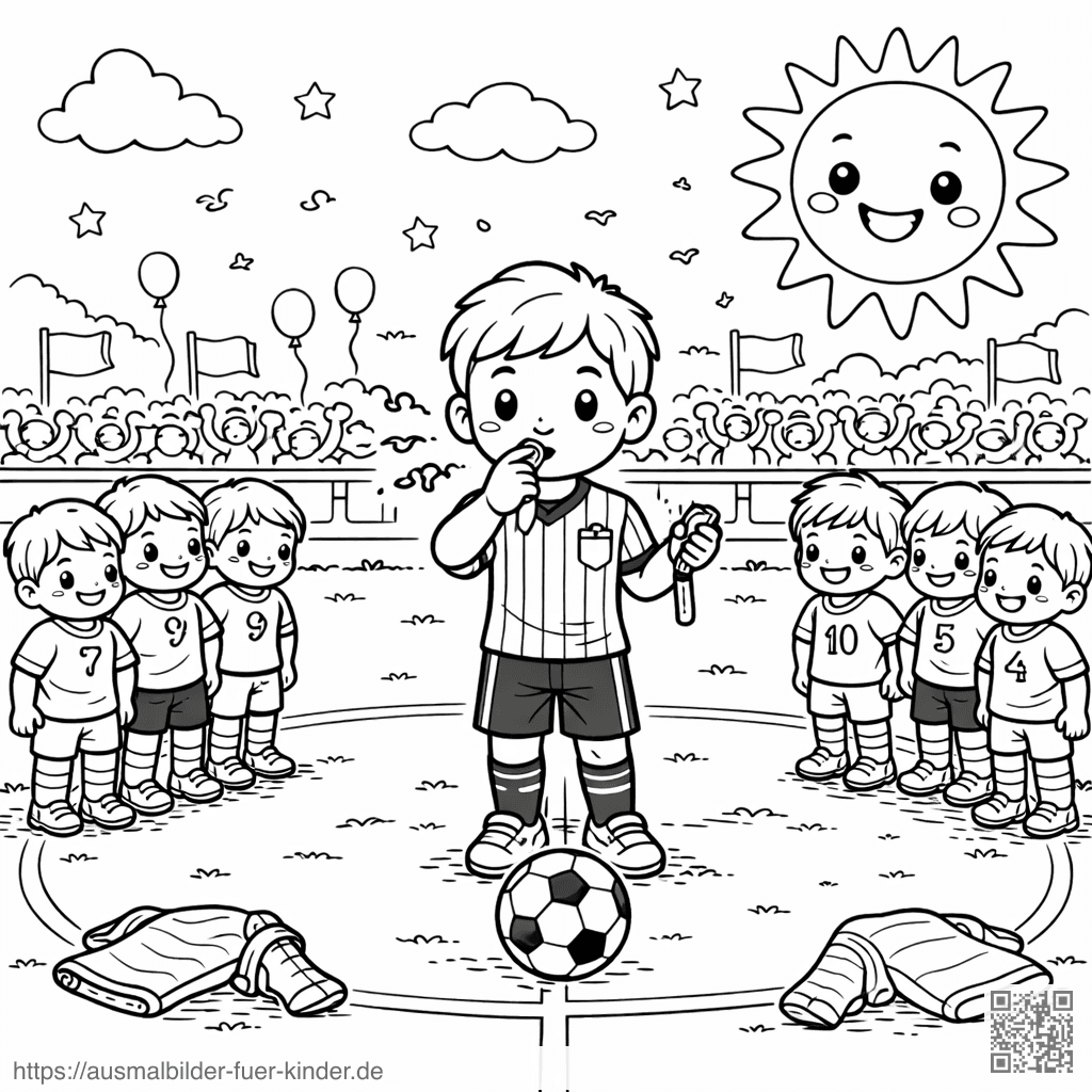 Fußballspiel mit Kindern und Schiedsrichter - Ausmalbild