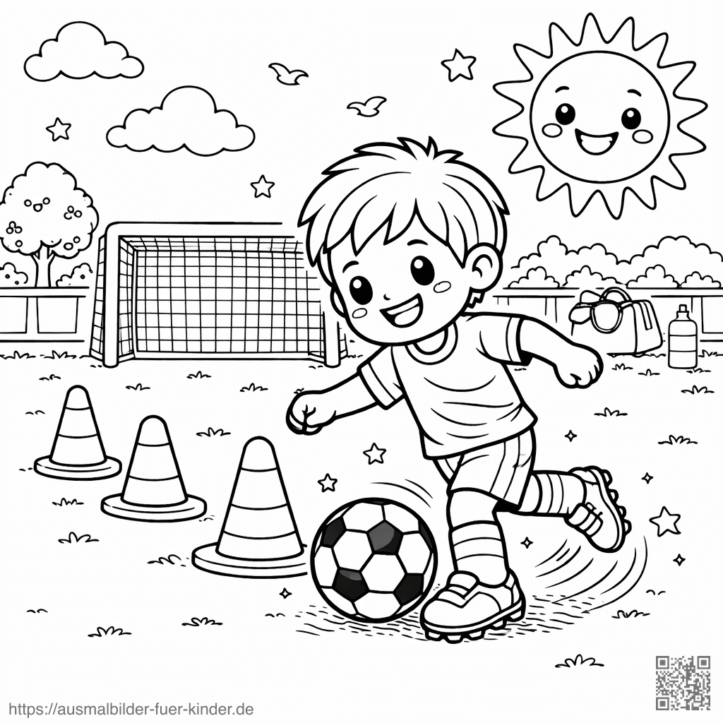 Junge dribbelt Fußball durch Hütchen - Ausmalbild
