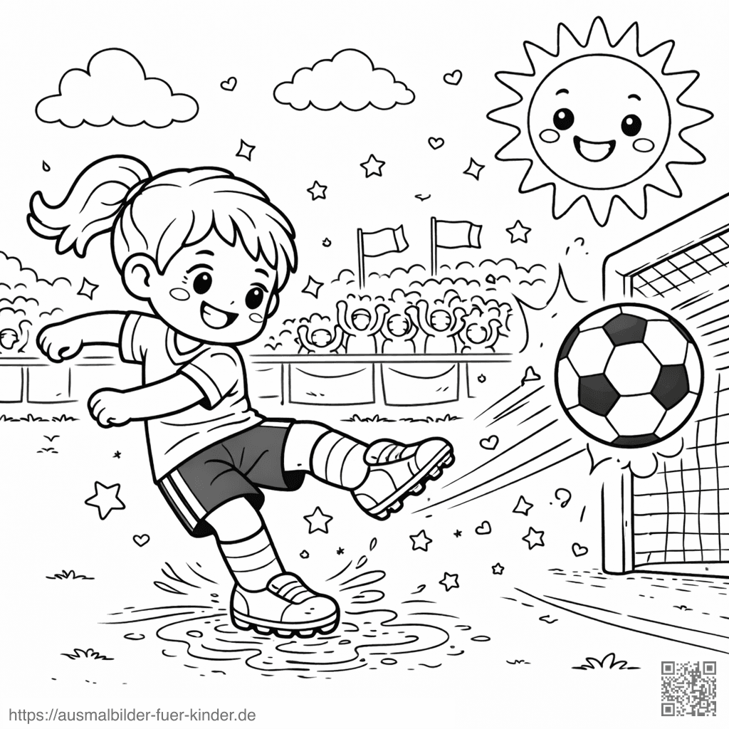 Mädchen schießt Tor im Stadion - Ausmalbild