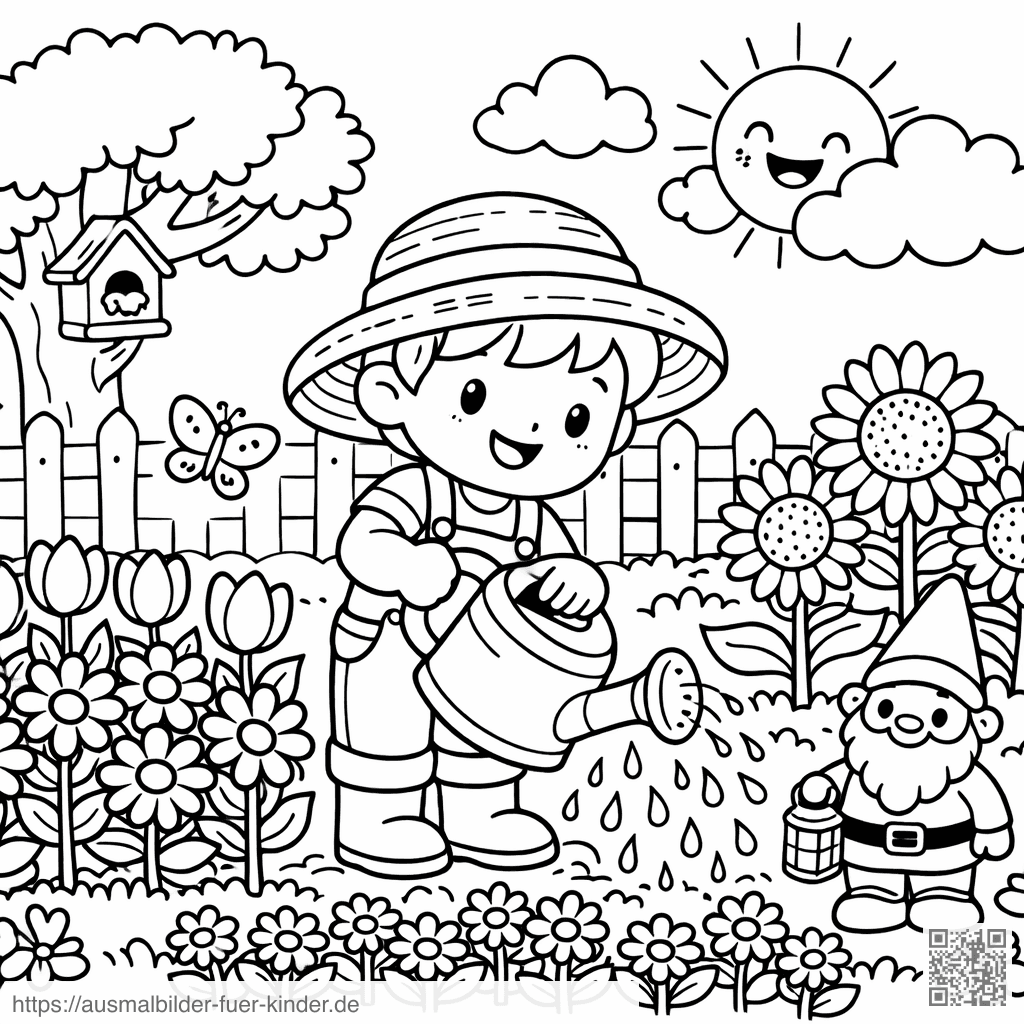 Der fröhliche Junge im Garten - Ausmalbild Der fröhliche Junge im Garten - Ausmalbild