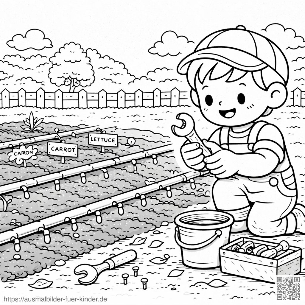 Junge inspiziert Tropfbewässerungssystem im Garten - Ausmalbild Junge inspiziert Tropfbewässerungssystem im Garten - Ausmalbild