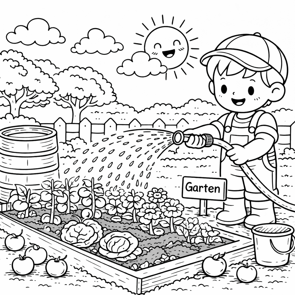 Junge wäscht den Garten - Ausmalbild