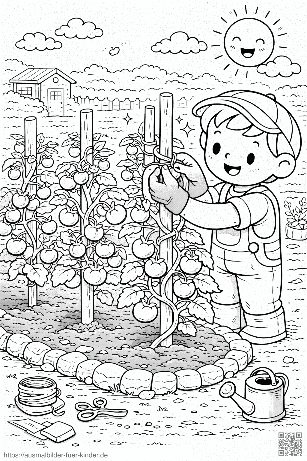 Kind beim Gärtnern mit Tomatenpflanzen - Ausmalbild