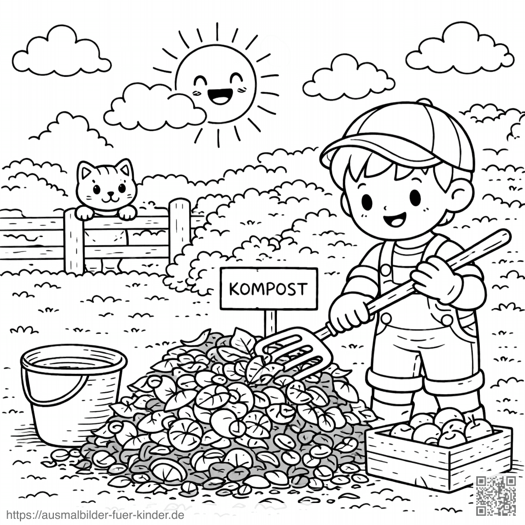 Kind beim Kompostieren im Garten - Ausmalbild