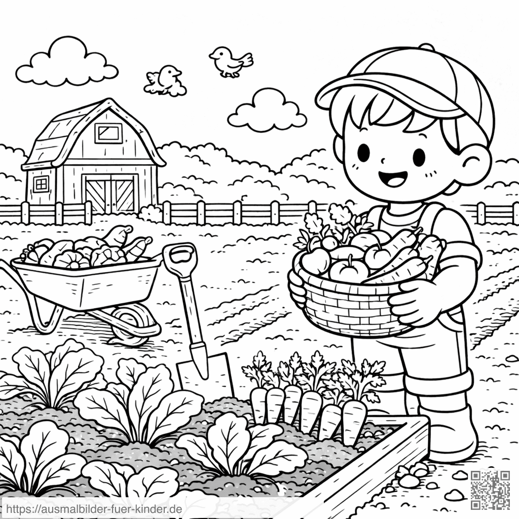 Kind im Gemüsegarten mit Ernte - Ausmalbild Kind im Gemüsegarten mit Ernte - Ausmalbild