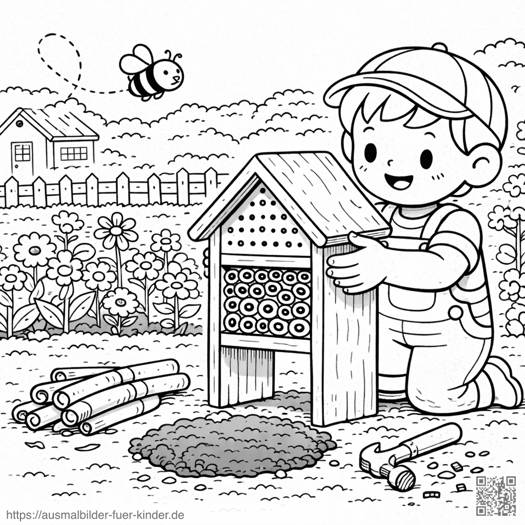 Kind mit Bienenhotel im Garten - Ausmalbild