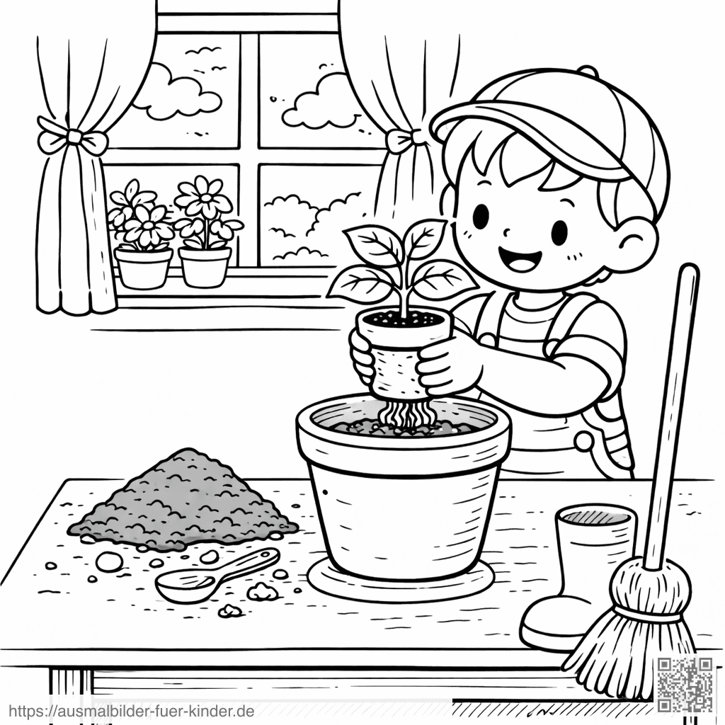 Kind pflanzt eine Pflanze um - Ausmalbild