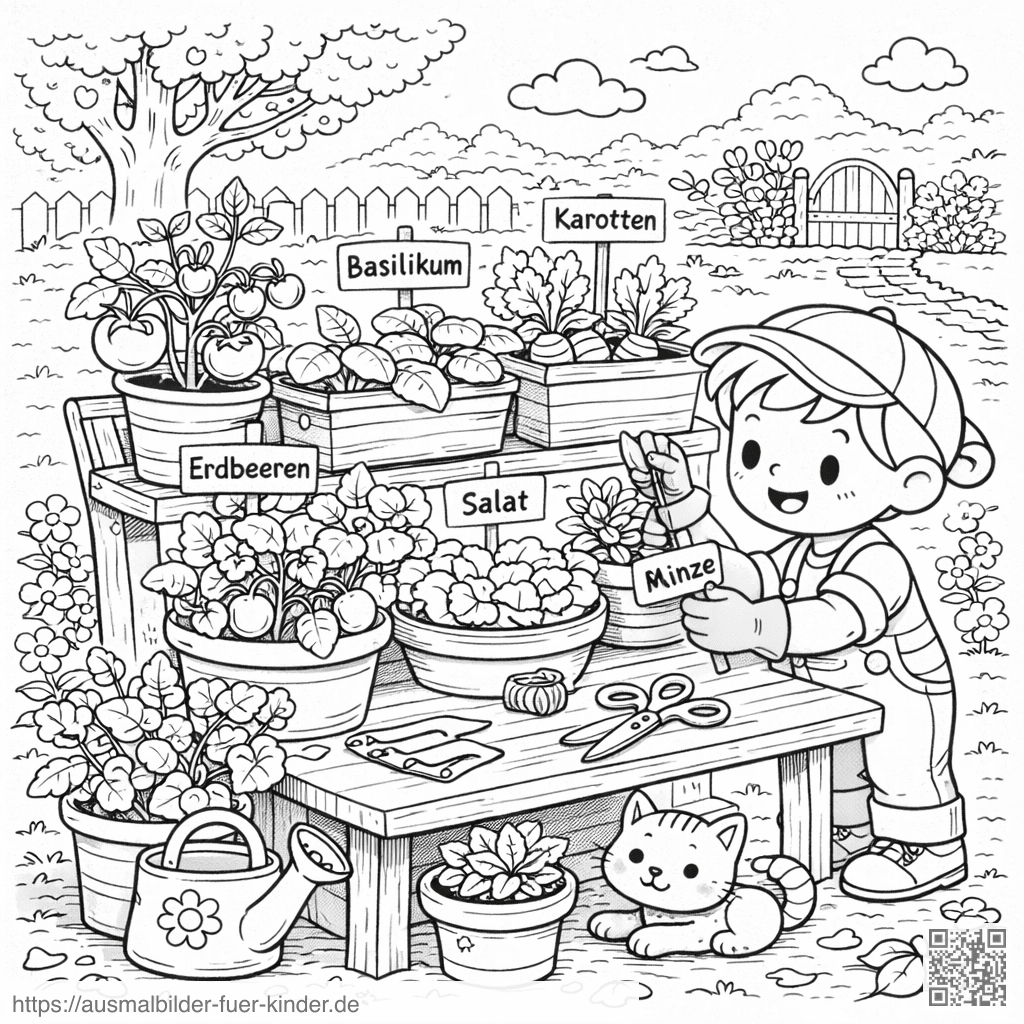 Kinder im Garten mit Pflanzenpflege - Ausmalbild