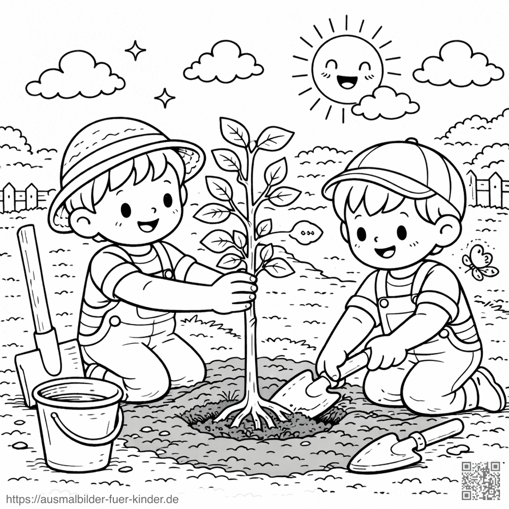 Kinder pflanzen einen Baumsetzling - Ausmalbild Kinder pflanzen einen Baumsetzling - Ausmalbild