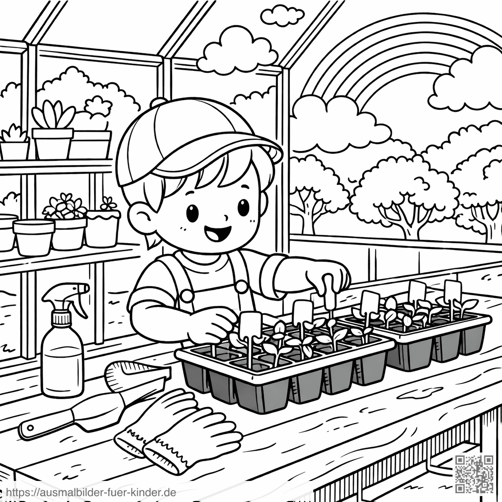Kindergartenpflanzenpflege im Gewächshaus - Ausmalbild Kindergartenpflanzenpflege im Gewächshaus - Ausmalbild