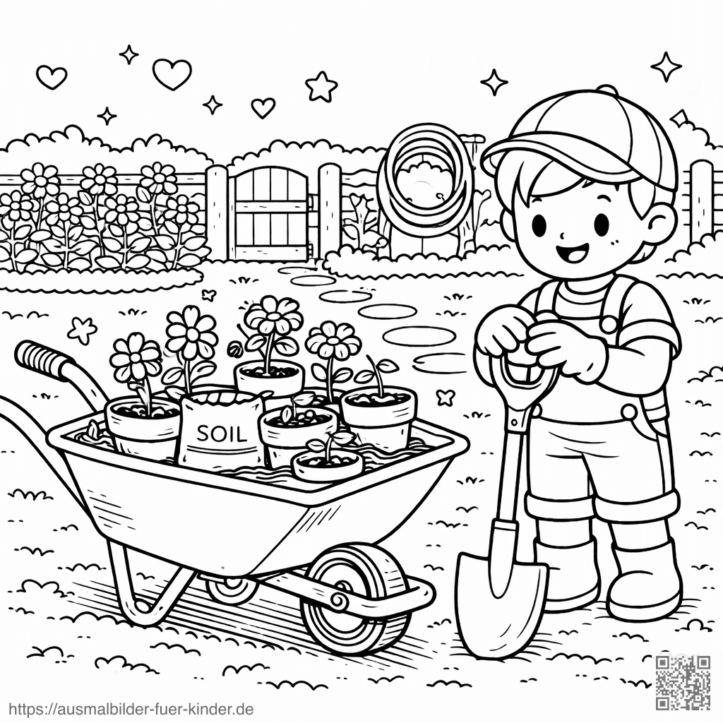 Kleiner Gärtner im Garten - Ausmalbild Kleiner Gärtner im Garten - Ausmalbild