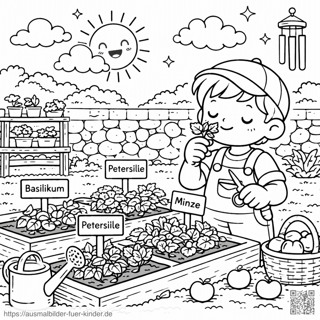 Kleiner Gärtner im Kräutergarten - Ausmalbild Kleiner Gärtner im Kräutergarten - Ausmalbild