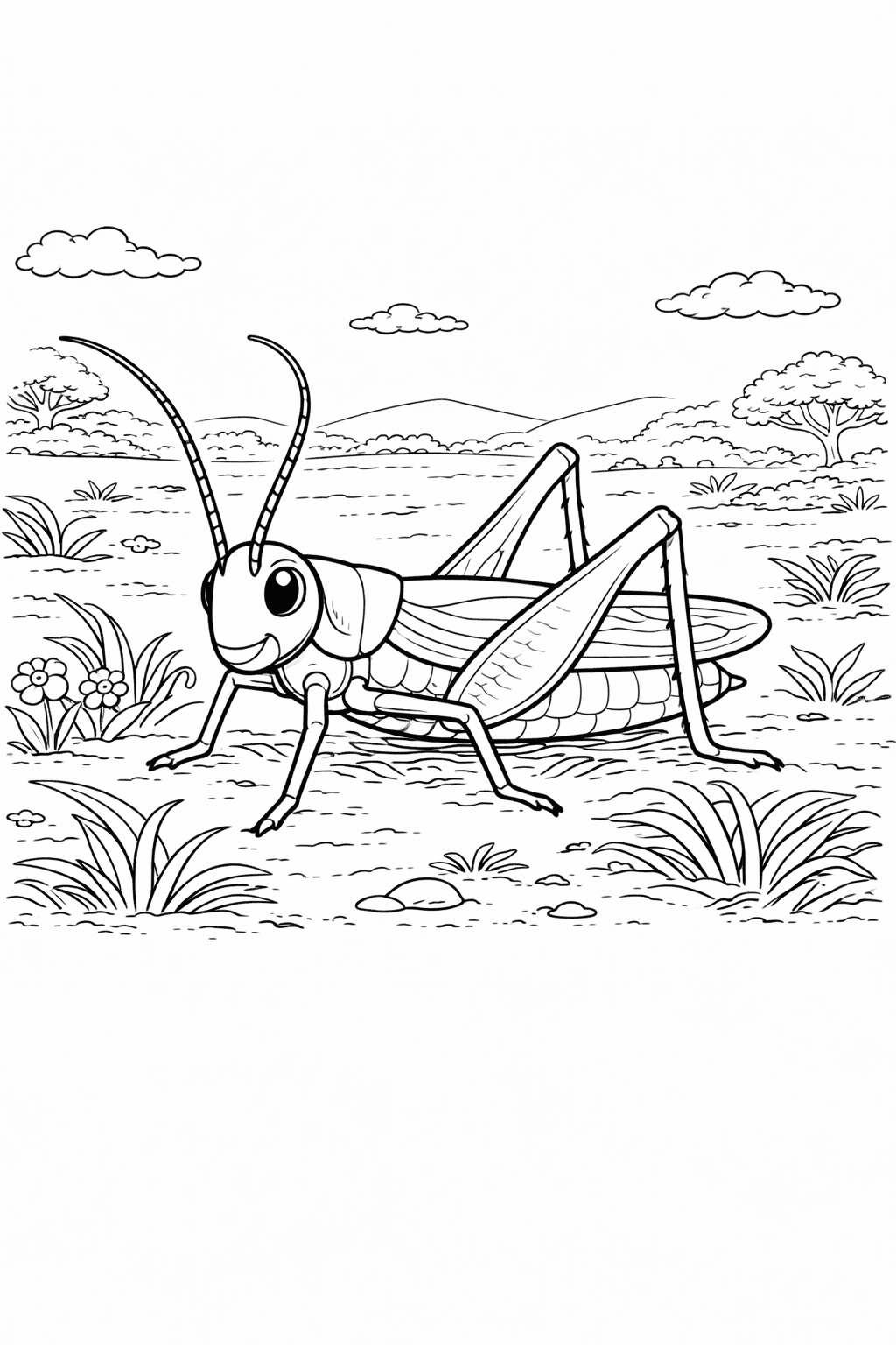 Grashüpfer in Blumenwiese - Ausmalbild