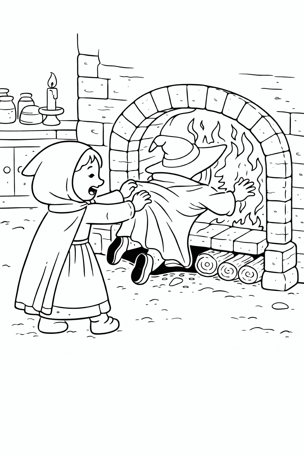 Gretel und die Hexe im Ofen - Ausmalbild