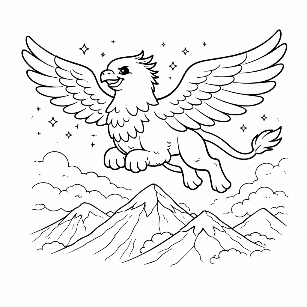 Griffin über Den Bergen Fliegend - Ausmalbild
