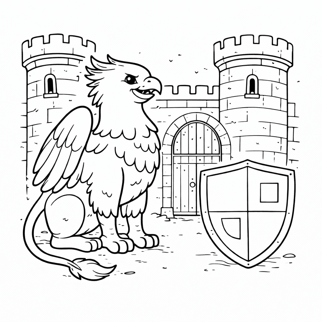 Griffin Vor Burgtor Mit Wappen - Ausmalbild