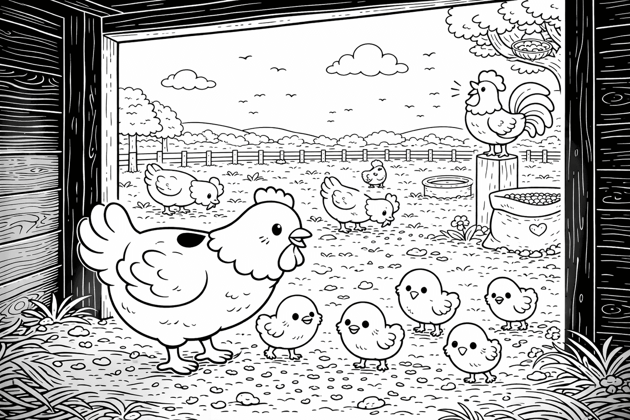 Kawaii Hühnerfarm - Ausmalbild
