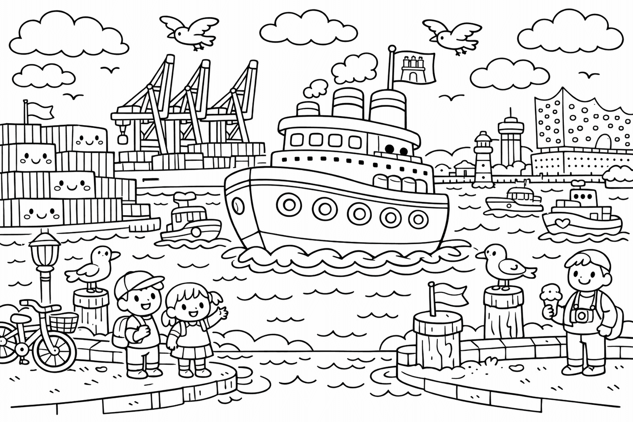 Hamburger Hafen mit Kreuzfahrtschiff - Ausmalbild