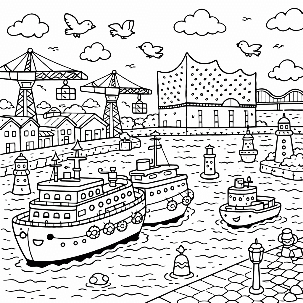 Hamburg Hafenstadt im Kawaii-Stil - Ausmalbild