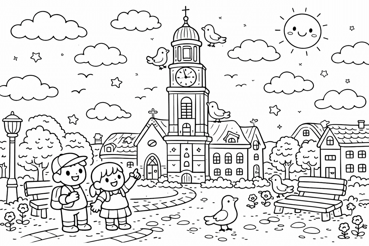 Hamburger Kirche im Kawaii-Stil - Ausmalbild