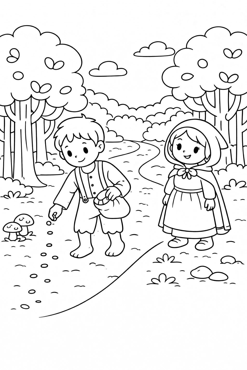 Hansel und Gretel im Wald - Ausmalbild