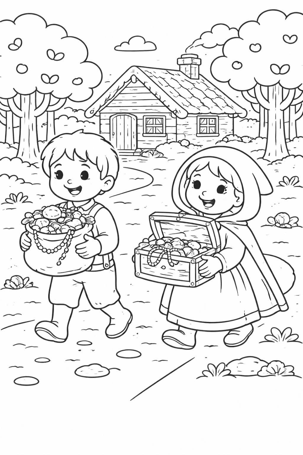 Hansel und Gretel mit ihrem Schatz - Ausmalbild