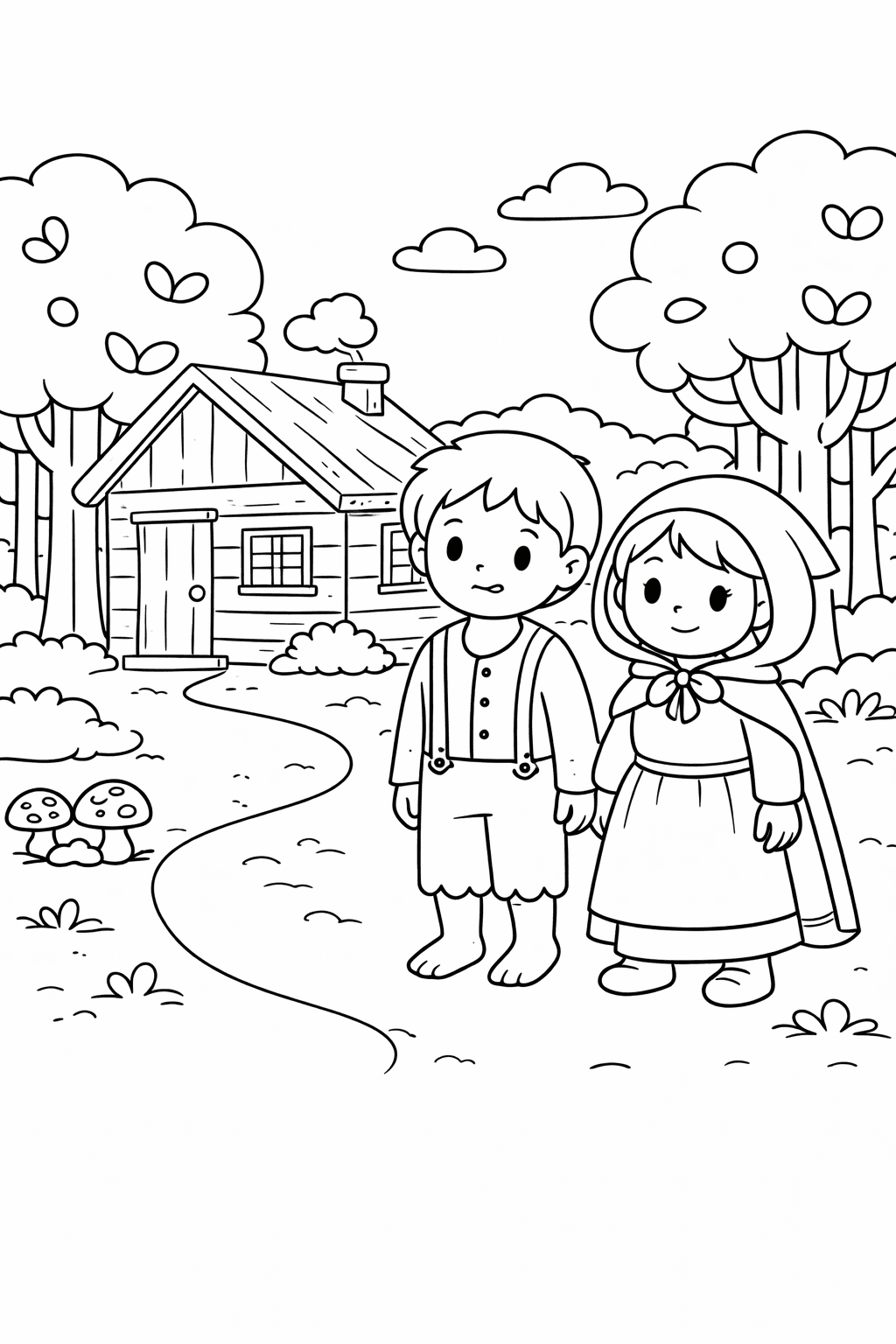Hansel und Gretel vor dem Häuschen - Ausmalbild