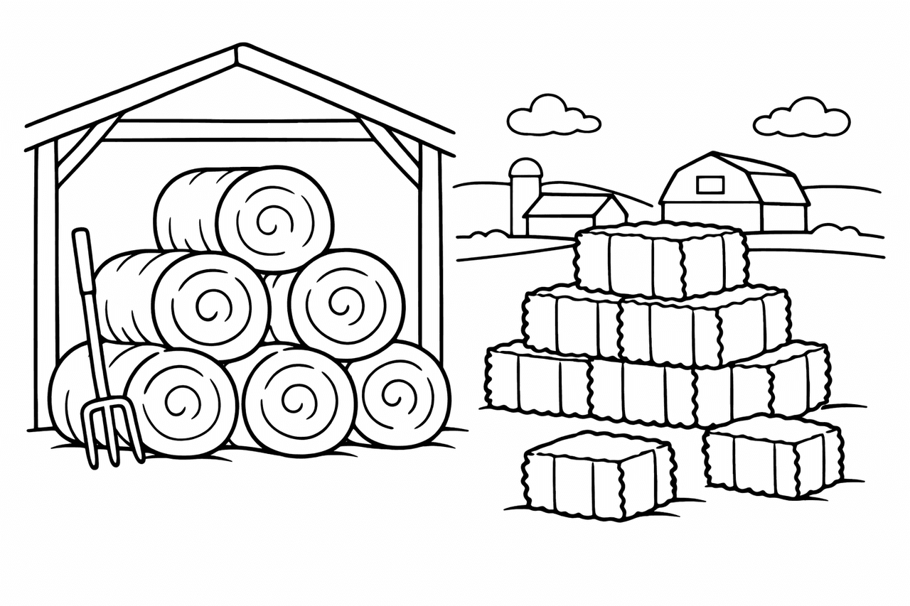 Heuballen vor Stall - Ausmalbild