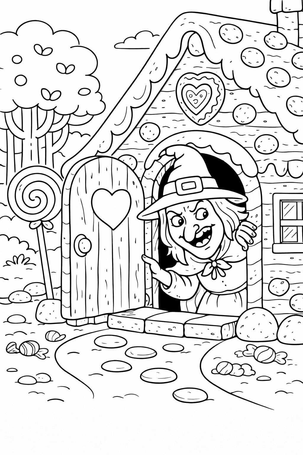 Hexenhaus mit schurkischer Hexe - Ausmalbild