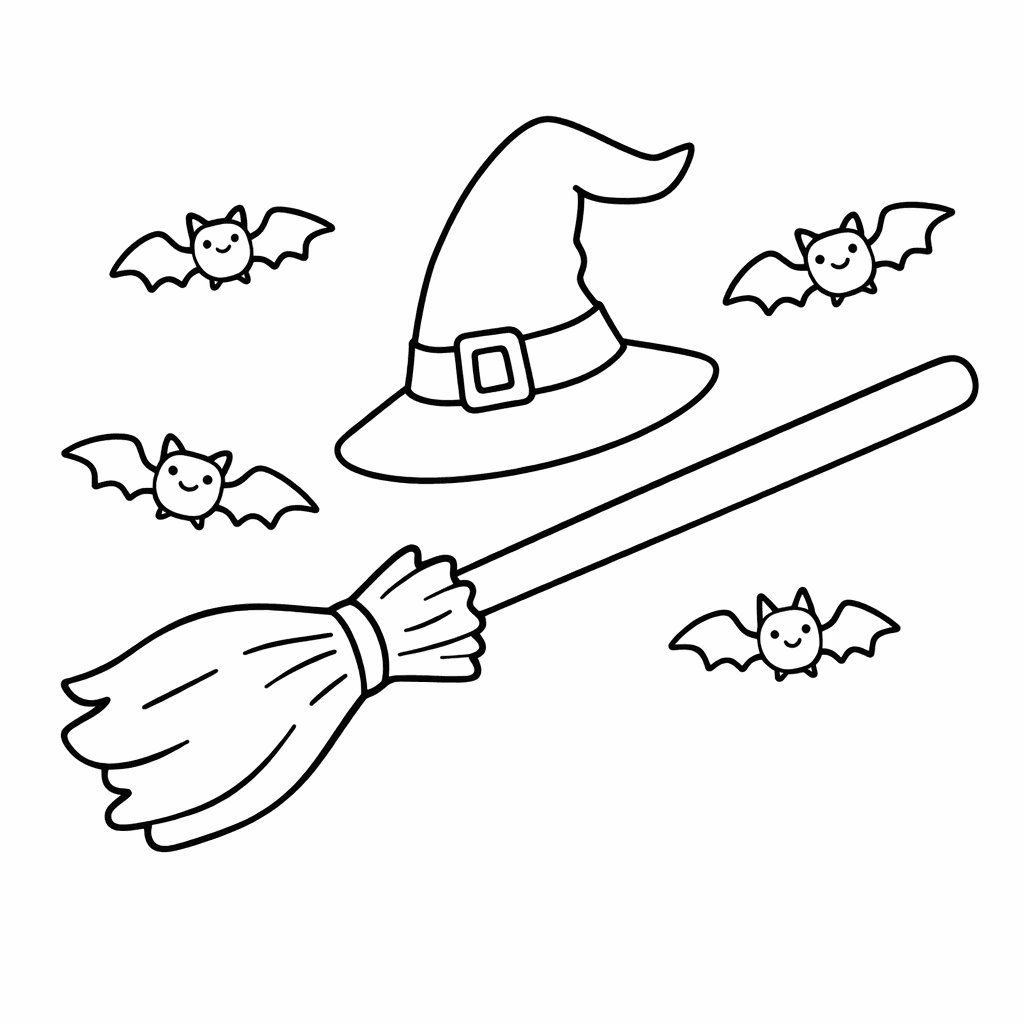Hexenhut Und Besen Mit Fledermäusen - Ausmalbild