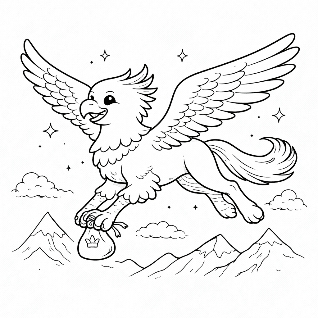 Hippogreif Fliegt Mit Schatzbeutel - Ausmalbild
