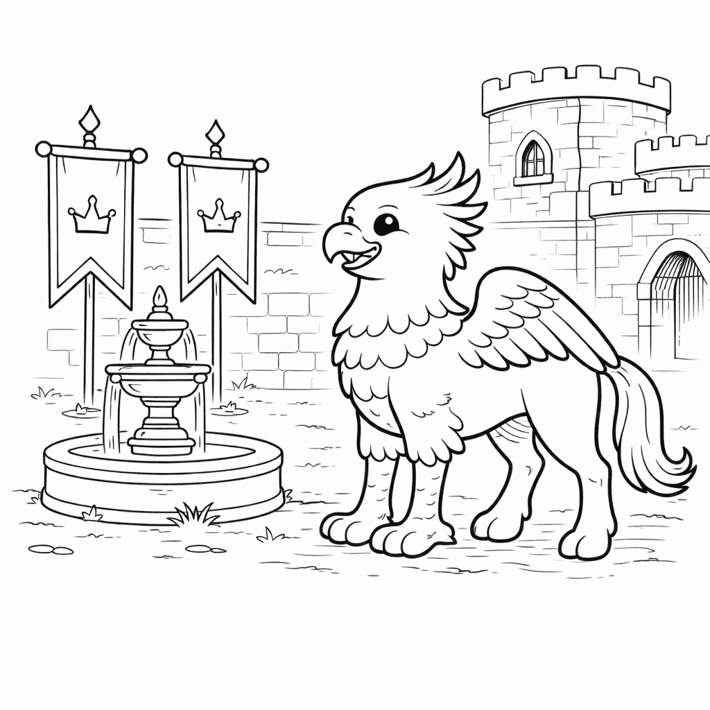 Hippogriff Vor Schlossbrunnen - Ausmalbild