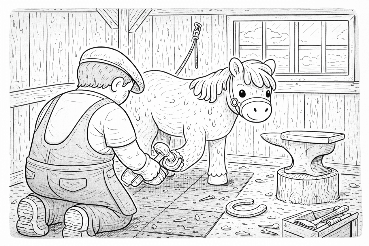 Hufschmied bei der Arbeit - Ausmalbild