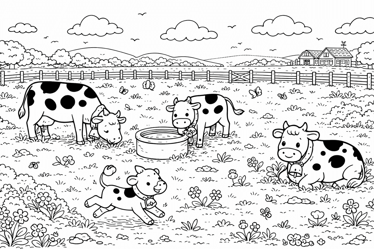 Idyllischer Bauernhof mit Kühen - Ausmalbild