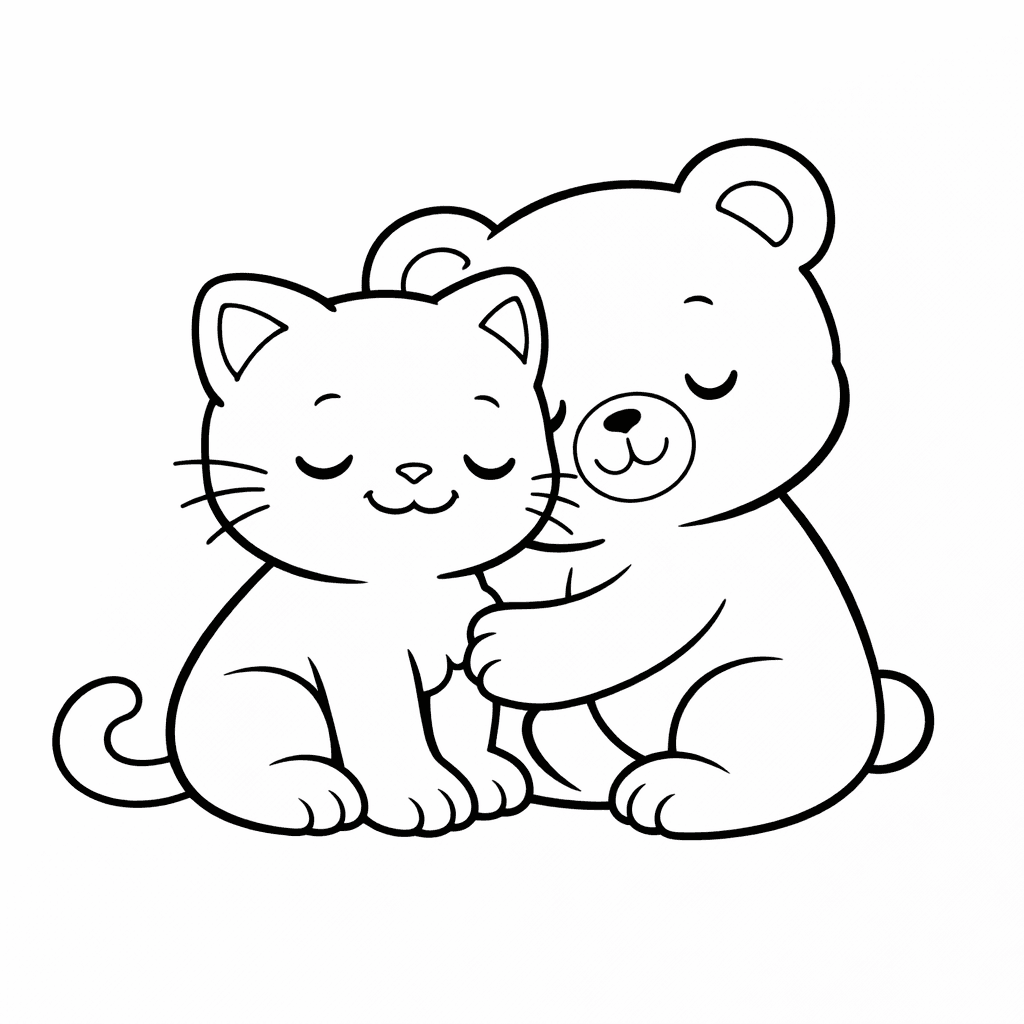 Kätzchen und Bärchen kuscheln zusammen - Ausmalbild
