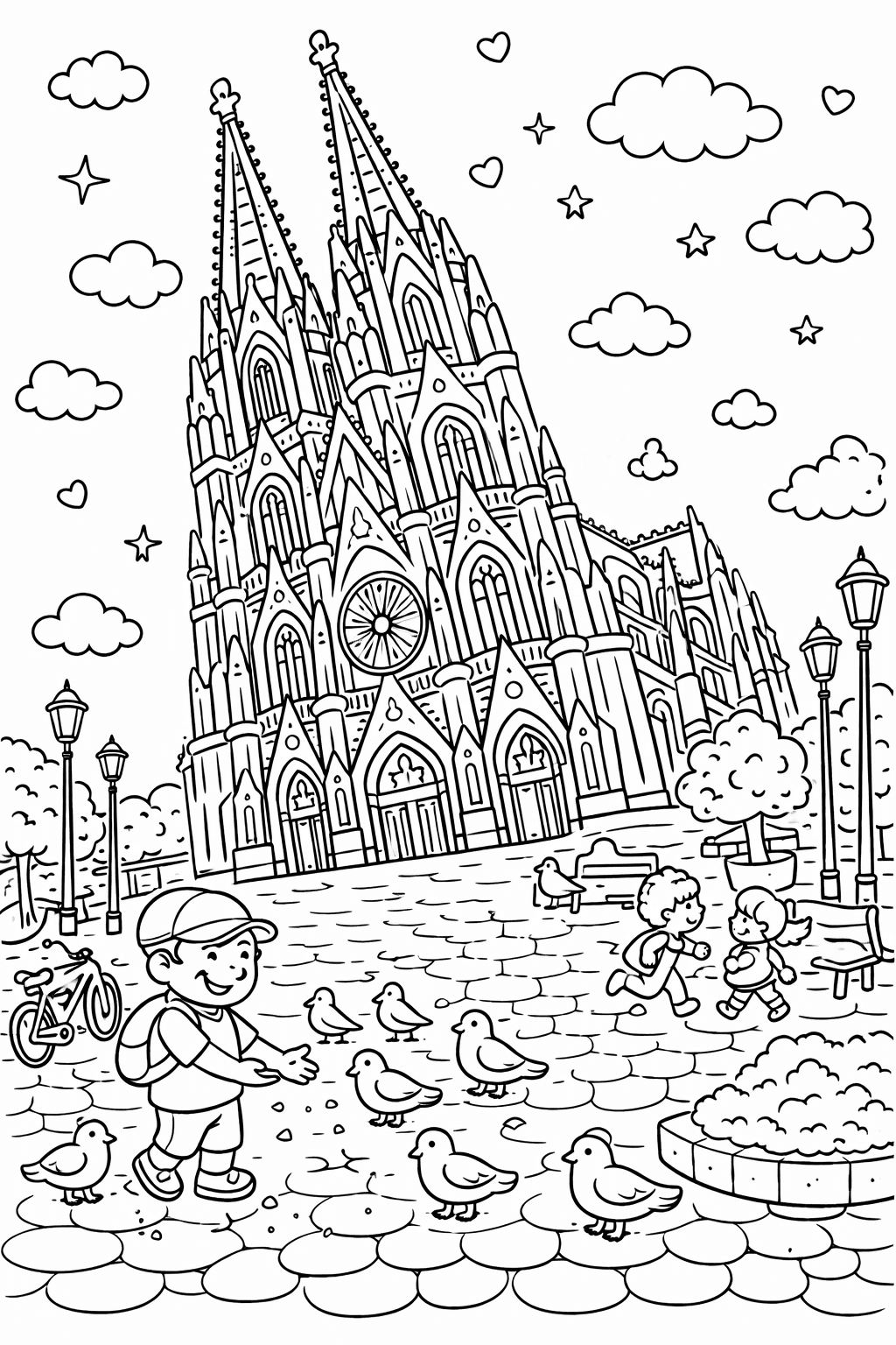Kölner Dom mit spielenden Kindern - Ausmalbild