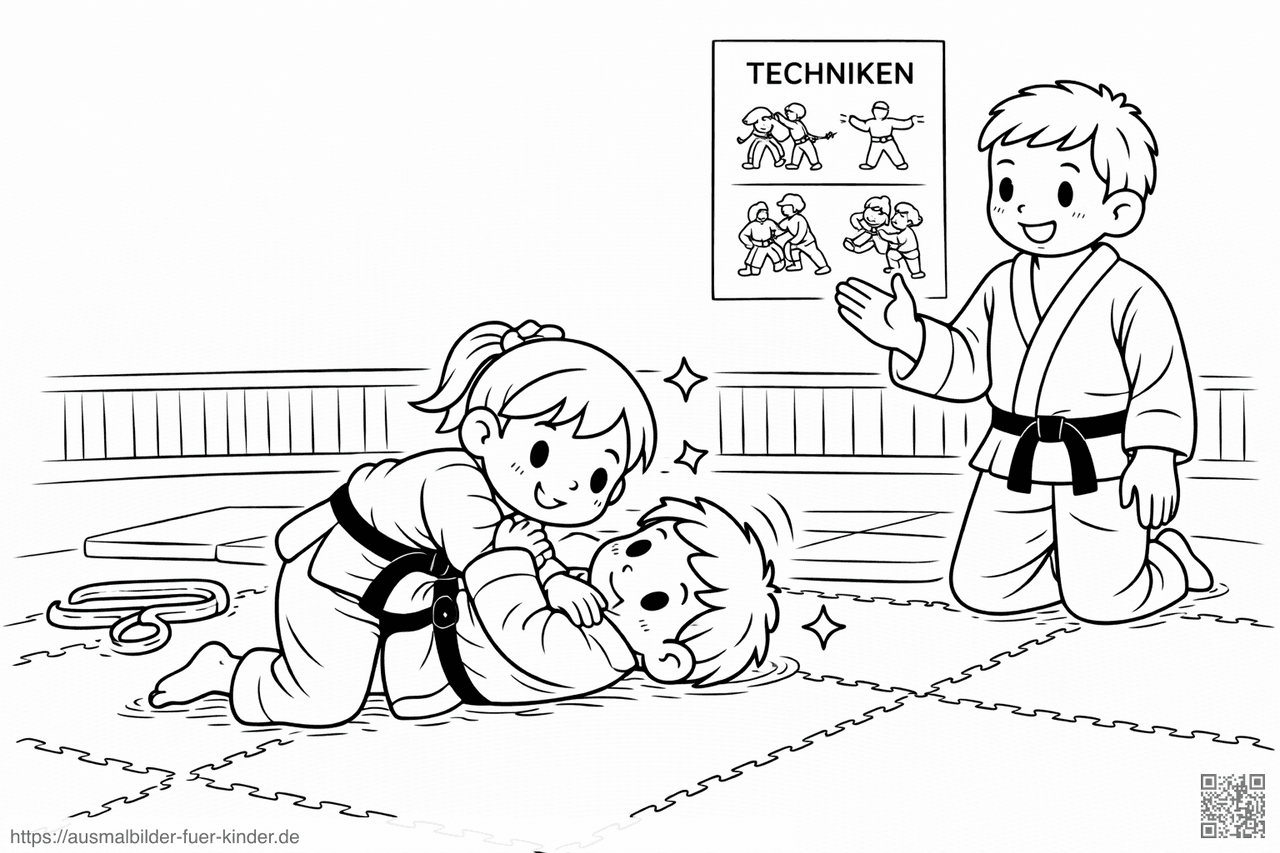 Judo-Training im Kinderzimmer - Ausmalbild