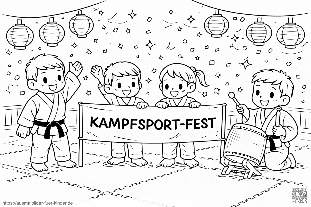Kinder feiern das Kampfkunstfest - Ausmalbild