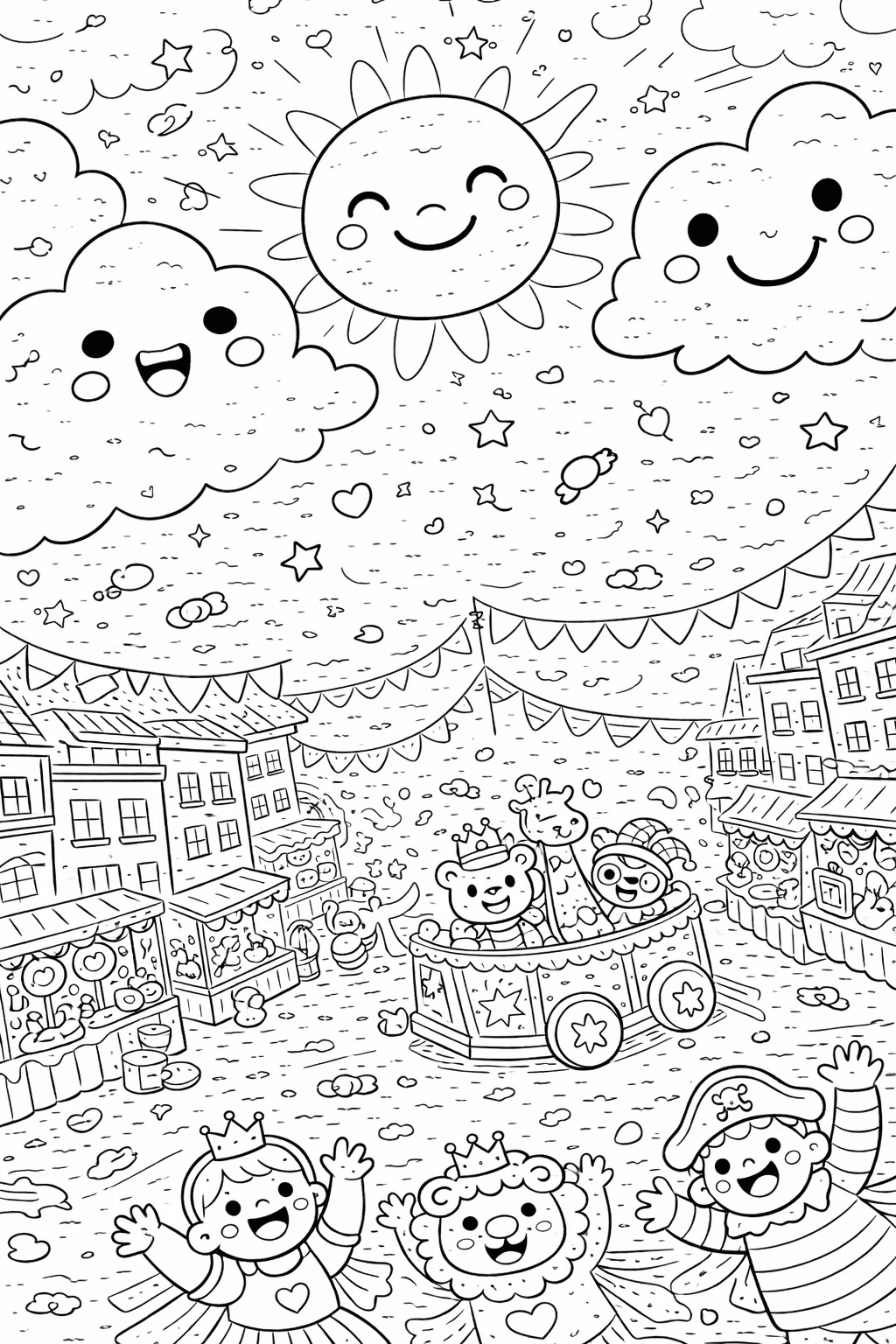 Fröhliches Karnevalsspektakel aus Vogelperspektive - Ausmalbild