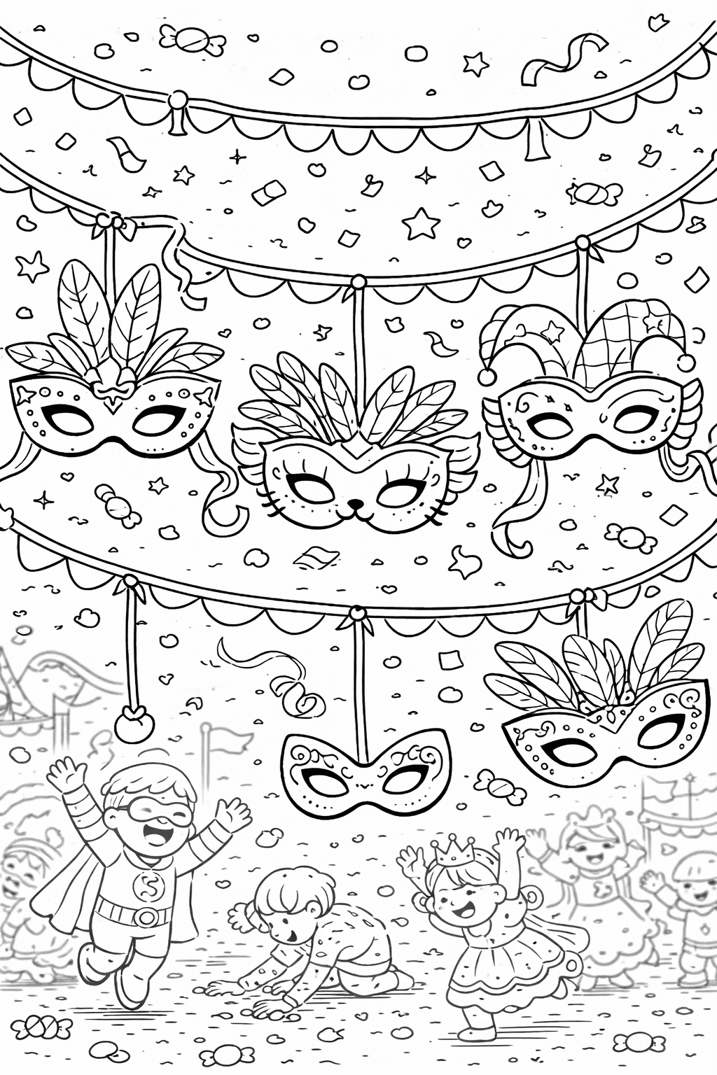 Karnevalsmasken und bunte Dekoration - Ausmalbild