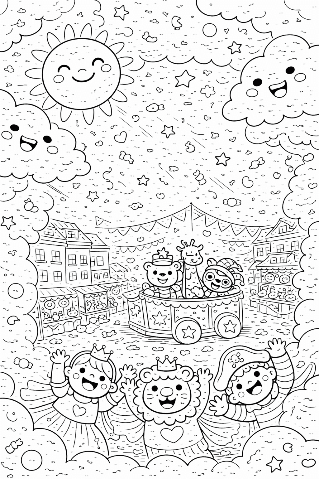 Karnevalsparty unter glücklichem Himmel - Ausmalbild