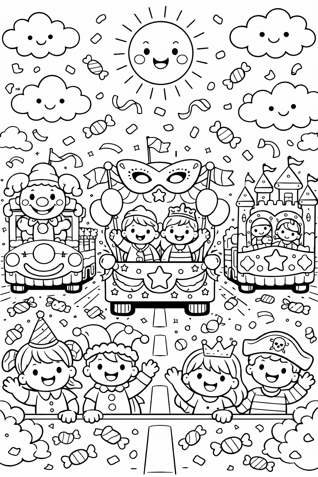 Karnevalspause mit Festwagen - Ausmalbild