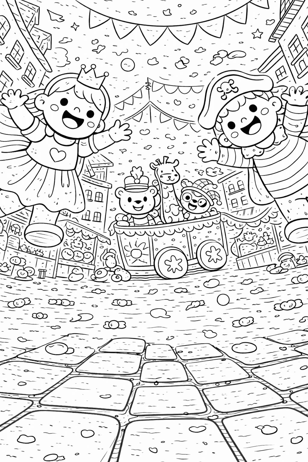 Karnevalsspaß im Stadtplatz - Ausmalbild