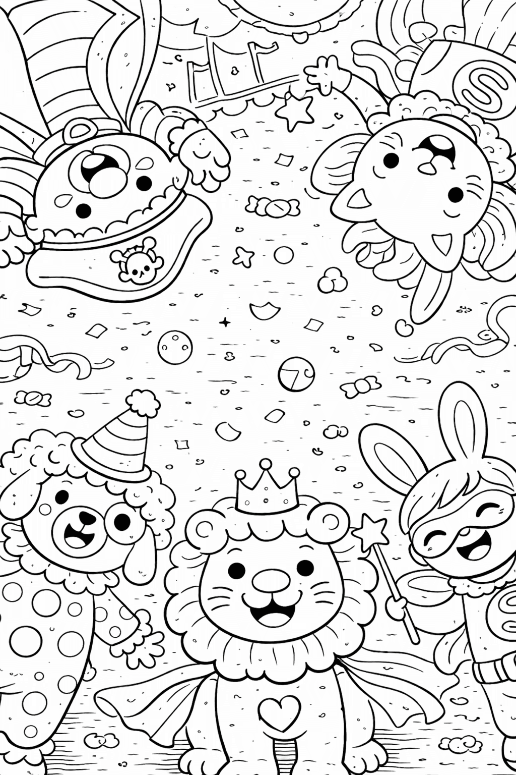 Karnevalstiere aus der Vogelperspektive - Ausmalbild